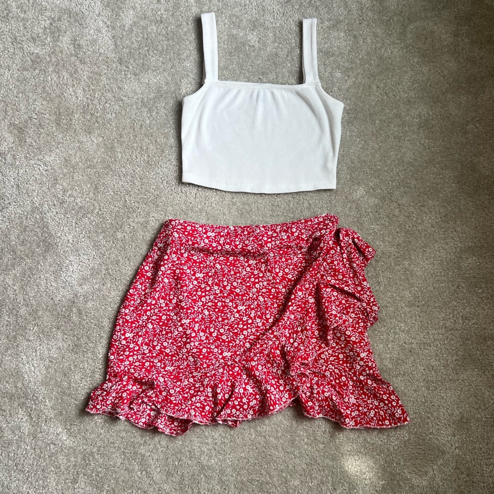White Crop Top and Red Floral Skirt Set